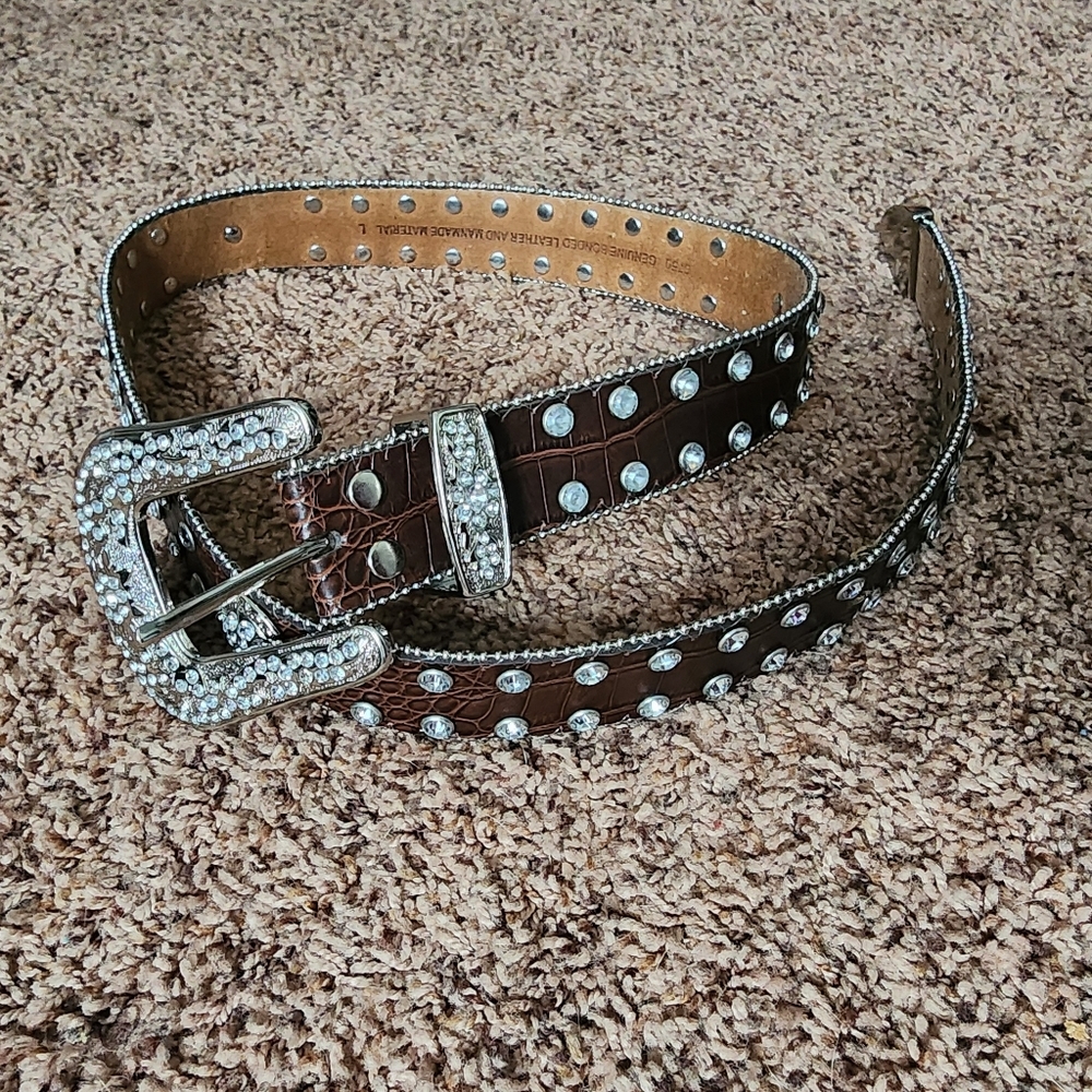Women Western Belt Leather large 43" Cowgirl Brown Bling Rhinestone Buckle Studs
